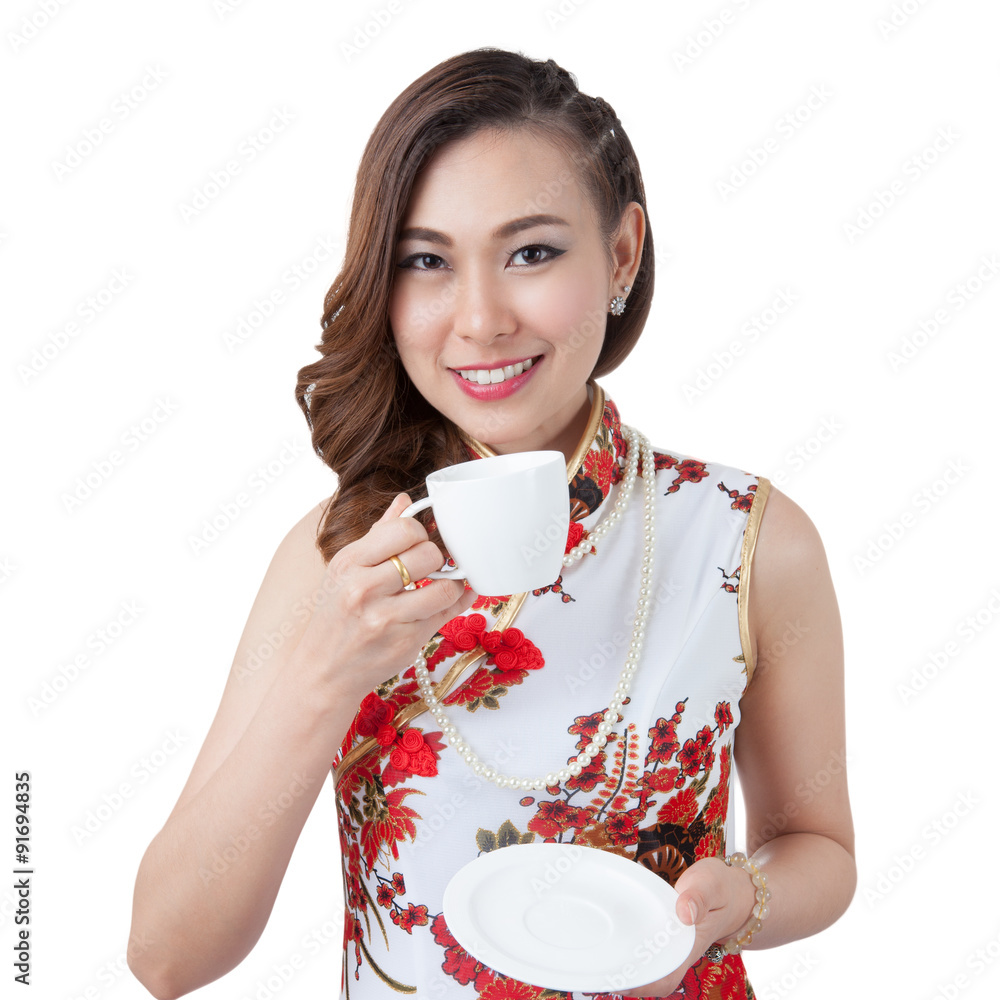 Happy chinese new year. beauty woman drinking coffee. Happy chinese new year. beauty woman drinking coffee.