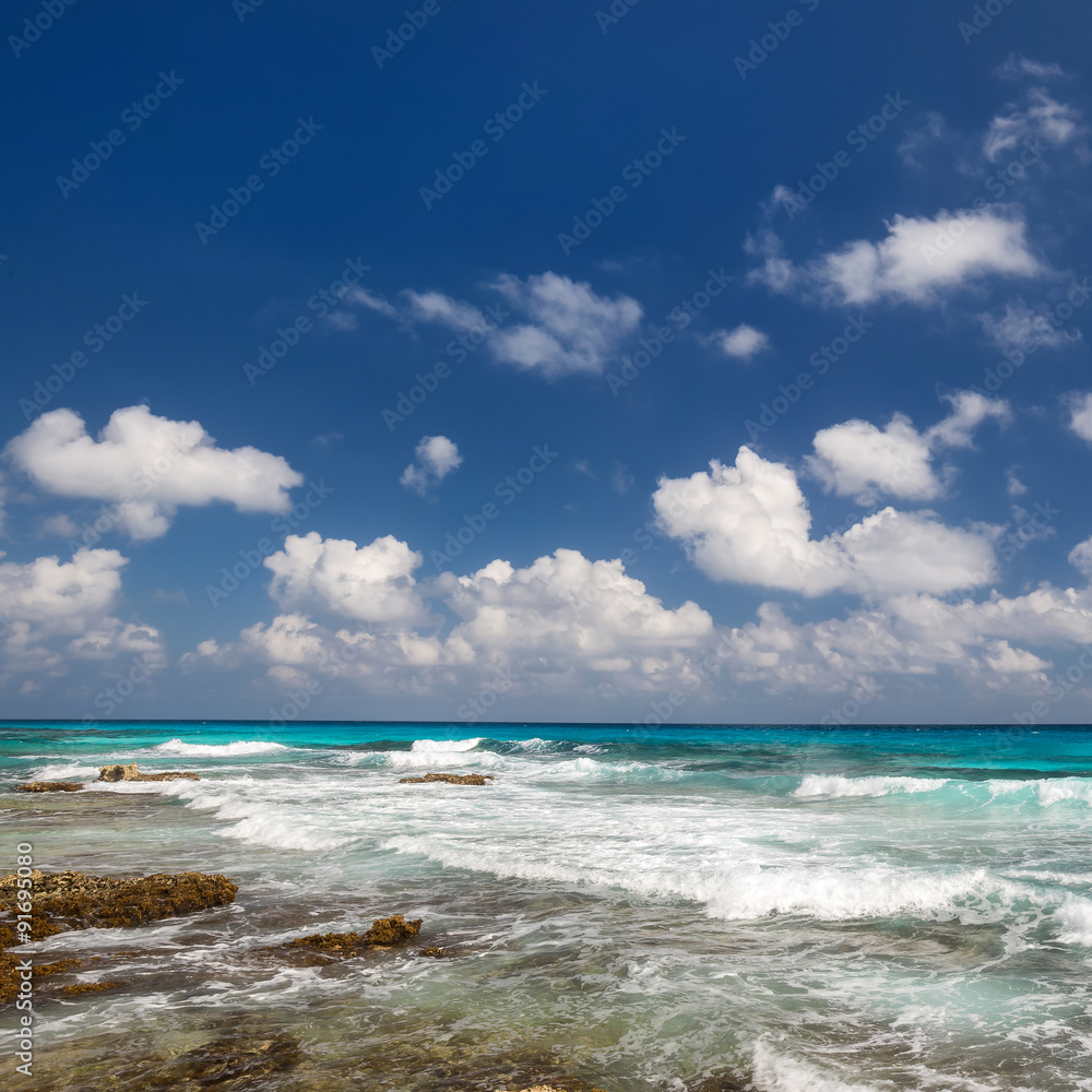Ocean with waves and rocks on  beach