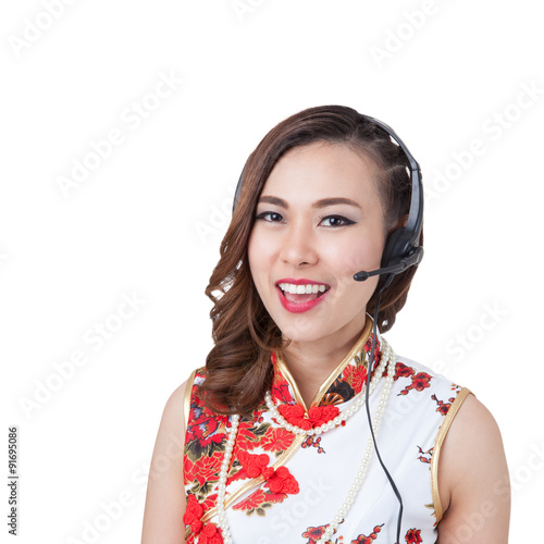 Support phone operator in headset at workplace, Happy chinese ne