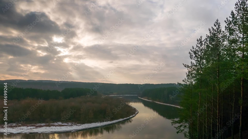 partly cloudy weather over the winter river, time-lapse partly cloudy weather over the winter river, time-lapse