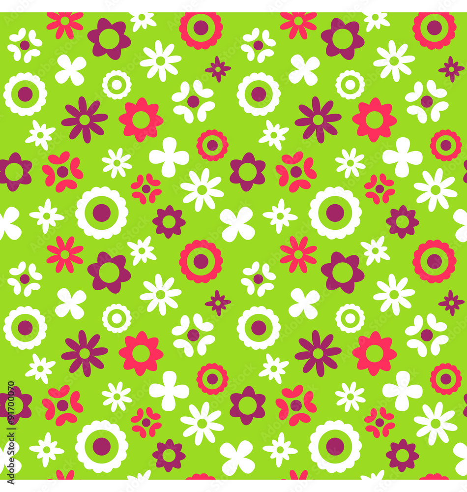 Bright Fun Abstract Seamless Pattern with Flowers Isolated on Gr