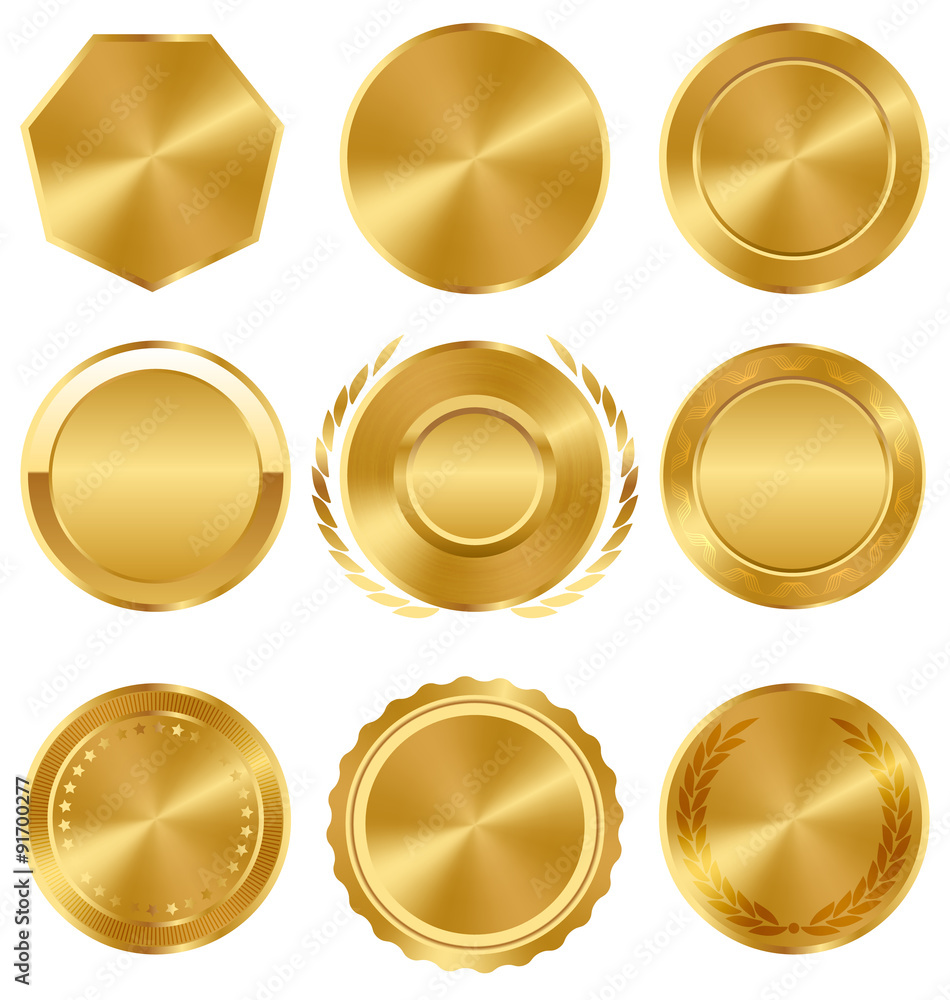Golden Premium Quality Best Labels Medals Collection on White Ba Golden Premium Quality Best Labels Medals Collection on White Ba