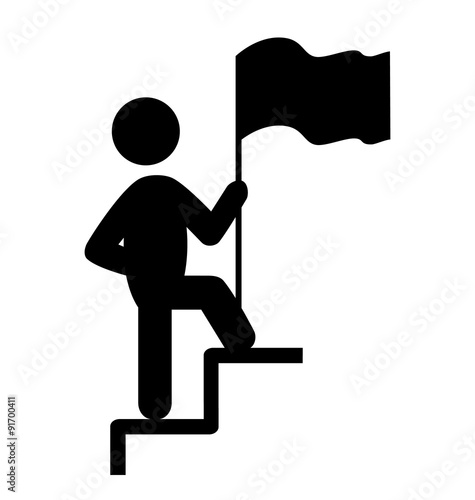 People Man with Flag on Stair Flat Icons Pictogram Isolated on W
