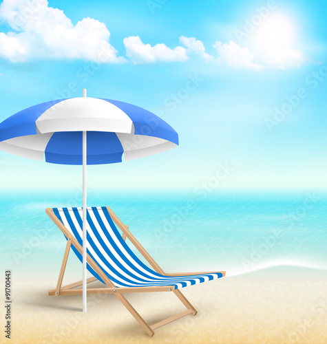 Beach with sun beach umbrella beach chair and clouds. Summer vac