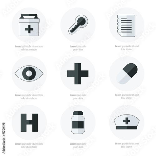 Flat icons set of medical tools Black and white color