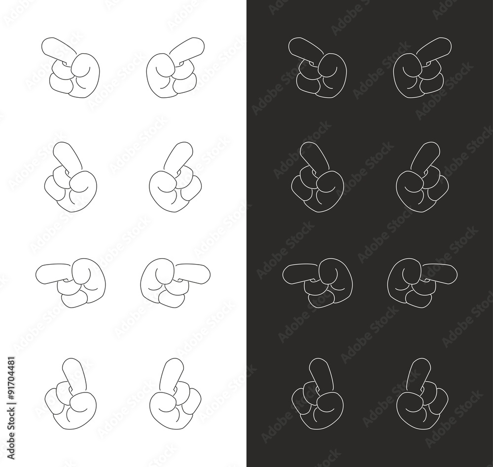 Cartoon vector hands icon pointing black isolated on white and white isolated on black background illustration