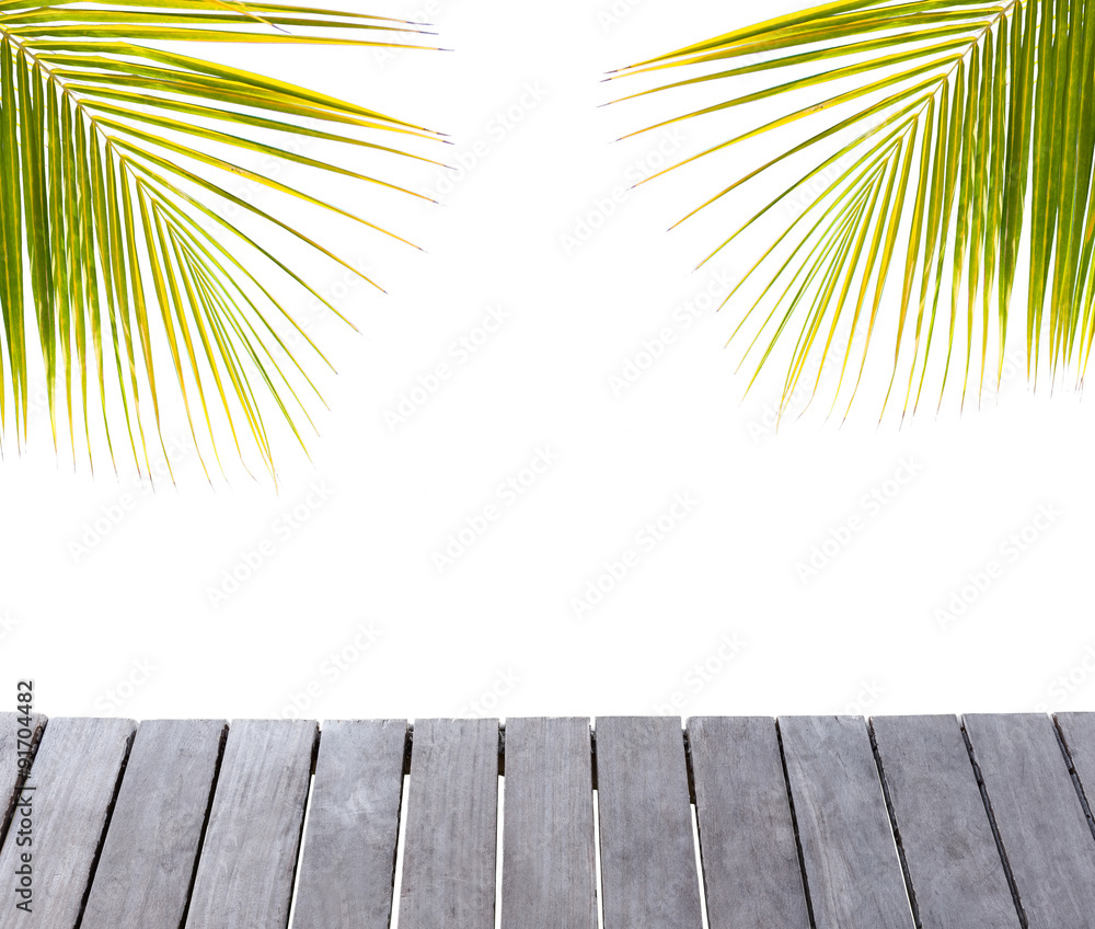 Wooden pier and palm tree leafs silhouette on white Wooden pier and palm tree leafs silhouette on white