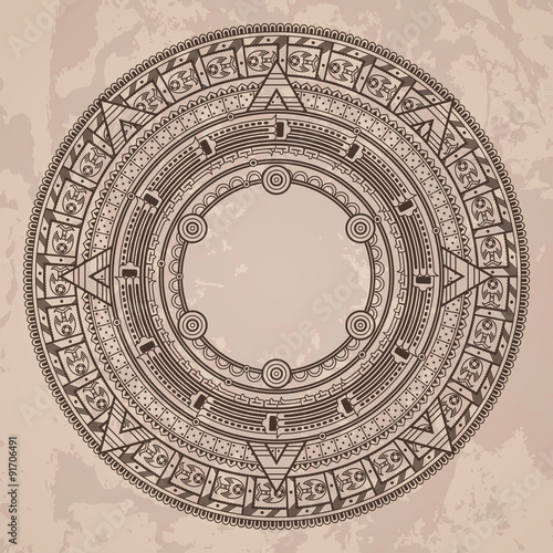 Vector circular pattern in the style of the Aztec calendar stone