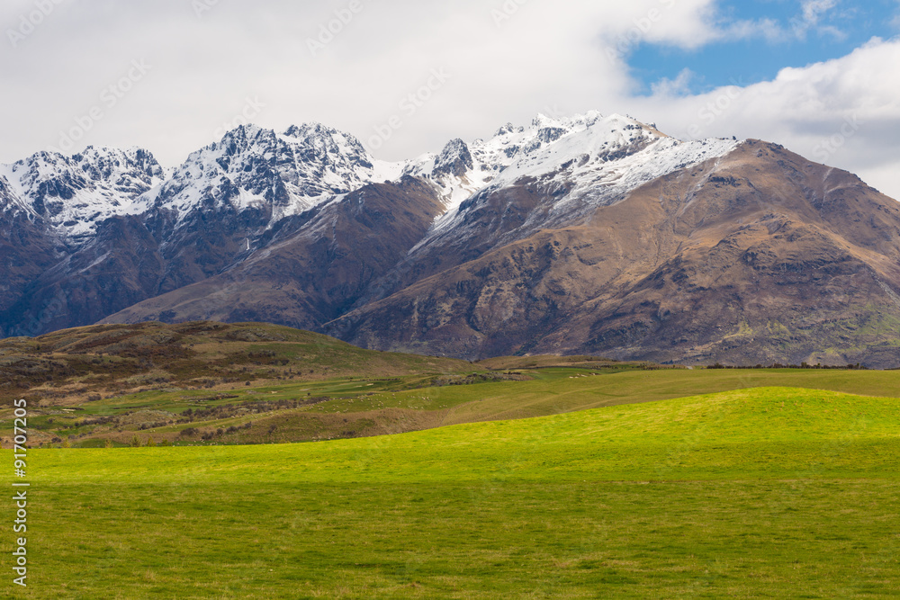 Fototapeta premium green field and mountain landscape