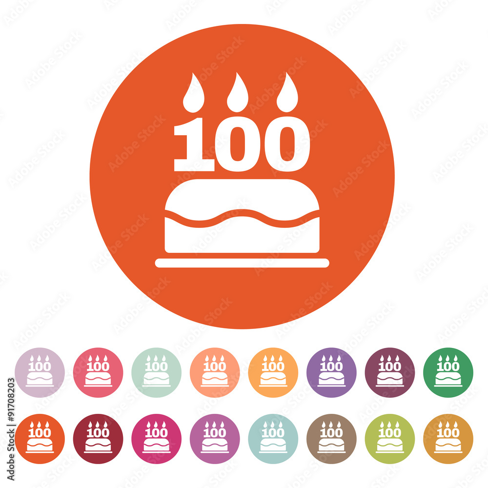 The birthday cake with candles in the form of number 100 icon. Birthday symbol. Flat The birthday cake with candles in the form of number 100 icon. Birthday symbol. Flat
