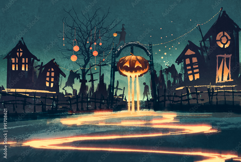 Fototapeta premium Halloween night with pumpkin and haunted houses,illustration painting