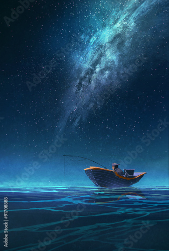 fisherman in a boat at night under the Milky way,illustration painting
