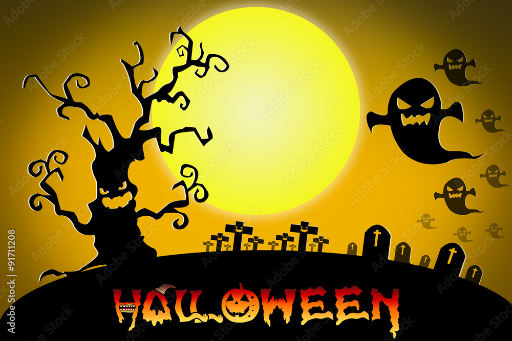 Halloween design background with spooky graveyard, naked trees, Halloween design background with spooky graveyard, naked trees,
