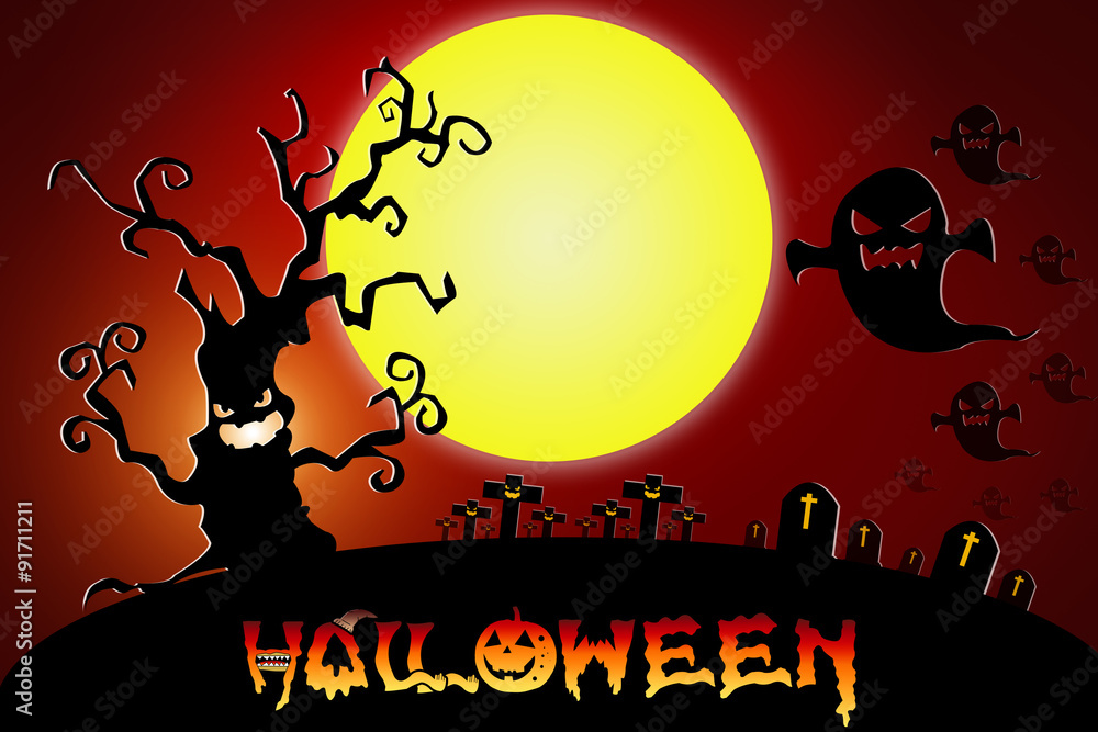 Halloween design background with spooky graveyard, naked trees,
