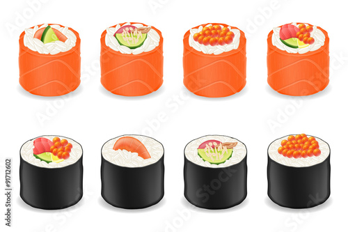 sushi rolls in red fish and seaweed nori vector illustration