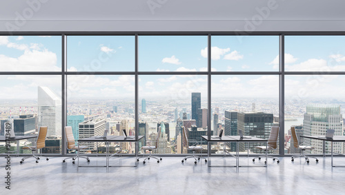 Photography Workplaces in a modern panoramic office, New York city view in the windows, Manhattan