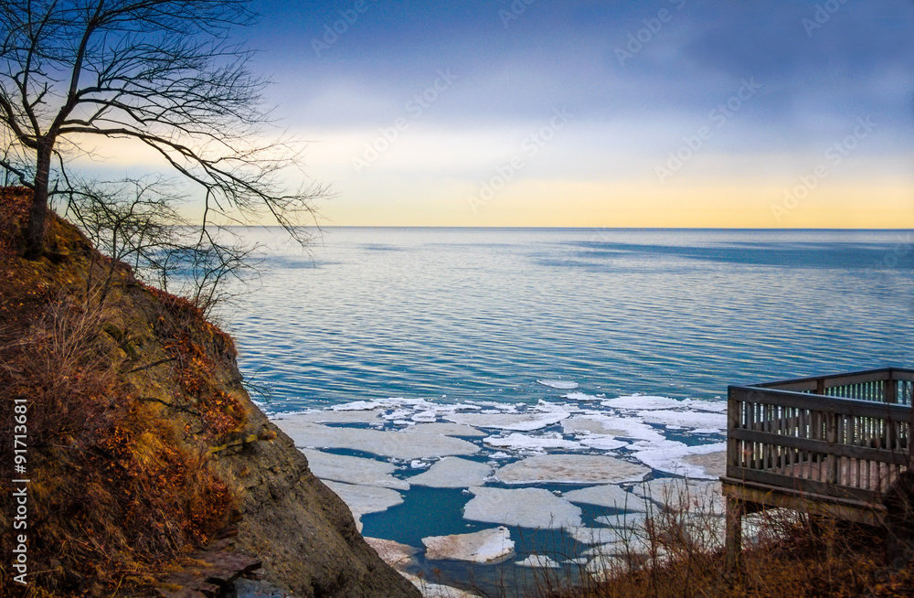 Wintry Lake Erie Overlook With Ice Floes