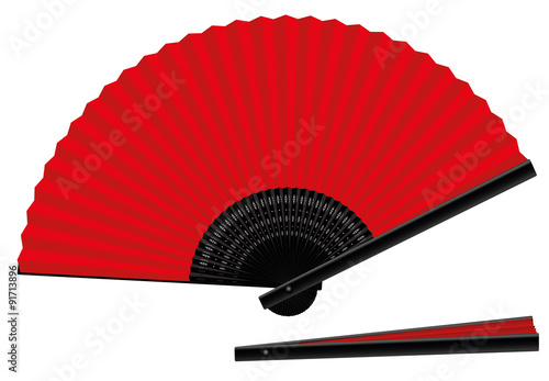 Hand fan - red an black - open and closed - spanish style - three-dimensional - realistic. Isolated vector illustration on white background.