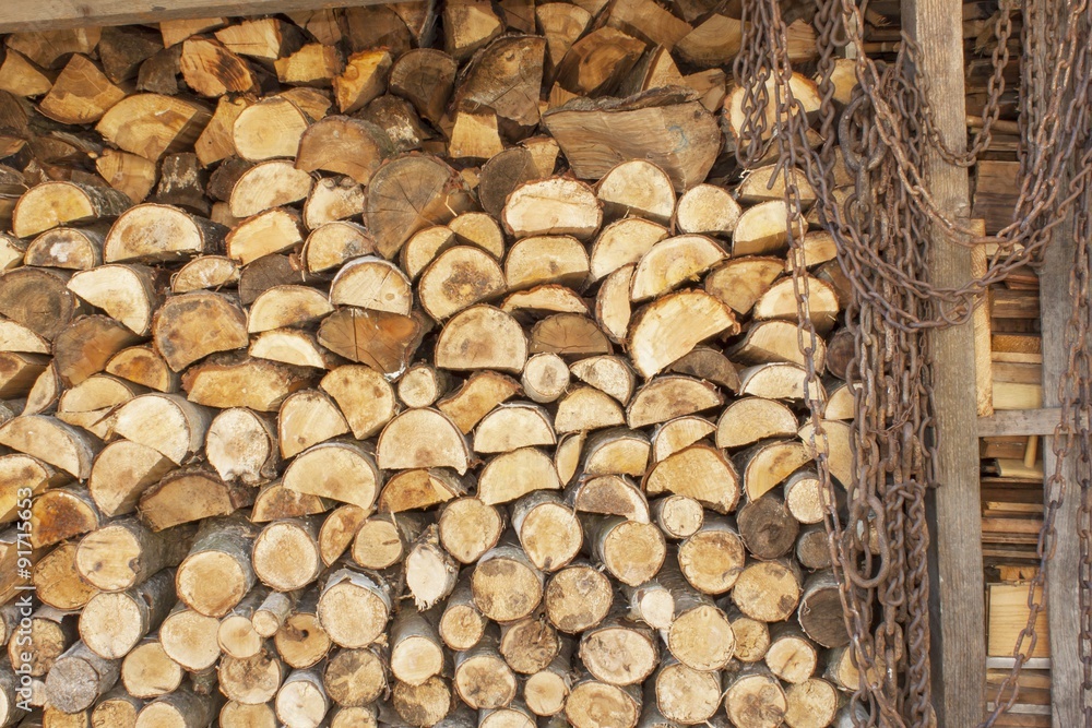 Background of stacked wood. Ready firewood. Various kinds of wooden logs stacked on top of each other. Stack of wood, firewood, background. Dry chopped firewood logs ready for winter.
