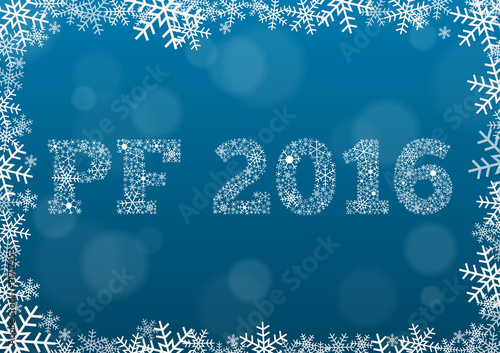 PF 2016 - white text made of snowflakes on background with bokeh