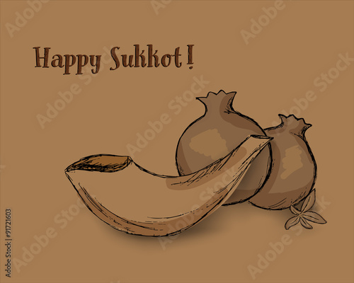 Holiday Sukkot, shofar and pomegranates