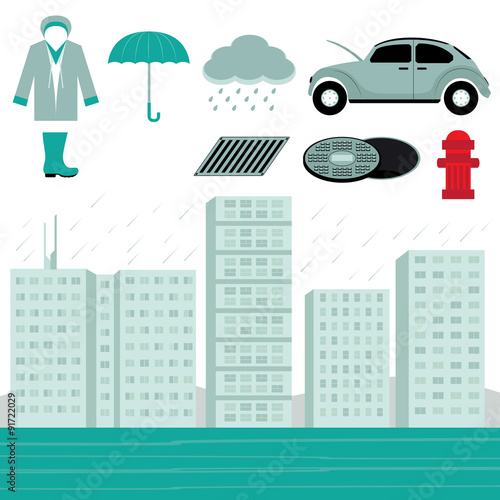 Rain and Flood Scene Vector