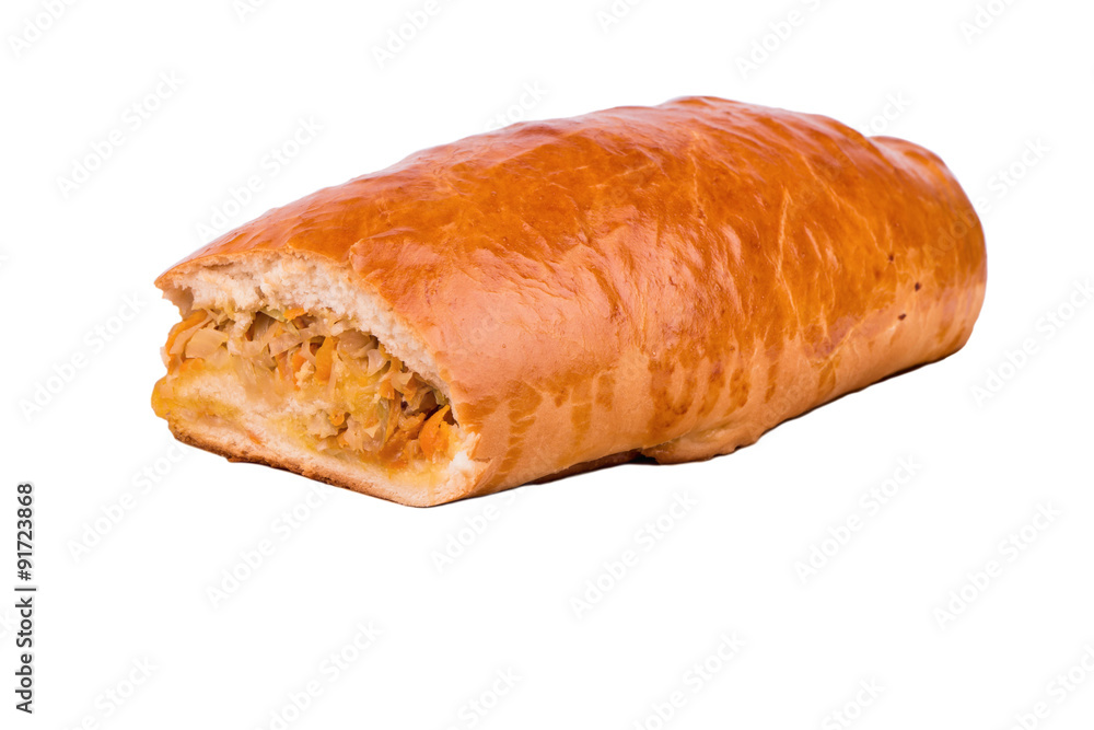 Home Russian cabbage pie cut in half on a white background Home Russian cabbage pie cut in half on a white background