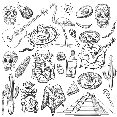 Hand drawn vector set of mexican symbols