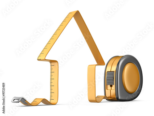 House and measuring tape 3D. Construction tool. Icon isolated on