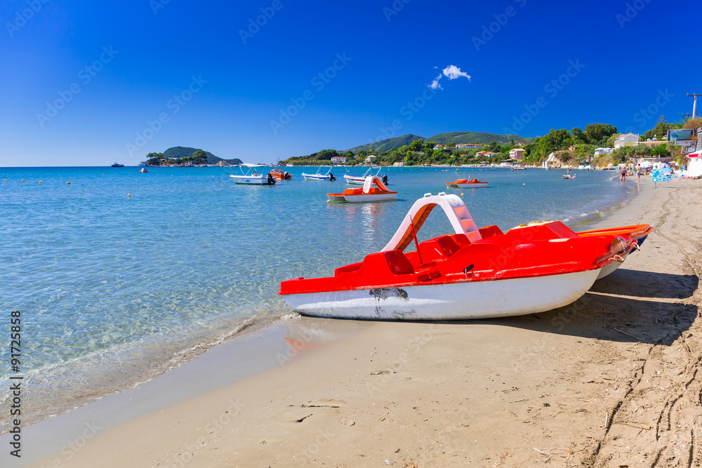 Paddle boat on the beach of Laganas, Zakynthos in Greece Paddle boat on the beach of Laganas, Zakynthos in Greece