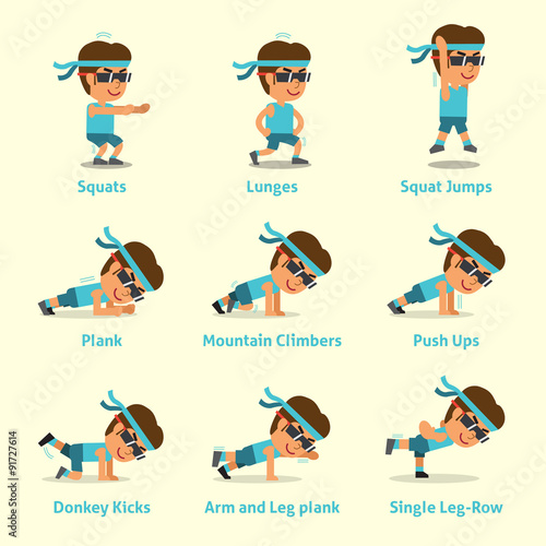 Cartoon set of a man doing exercises for health and fitness for design.