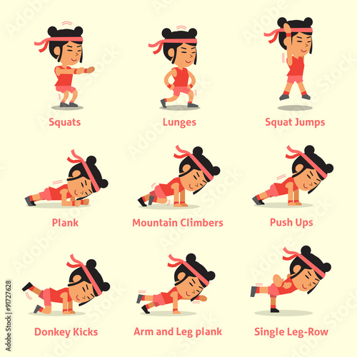 Cartoon set of a woman doing exercises for health and fitness for design.