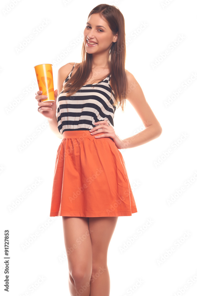 Cute woman isolated on white background holding a paper cup Cute woman isolated on white background holding a paper cup