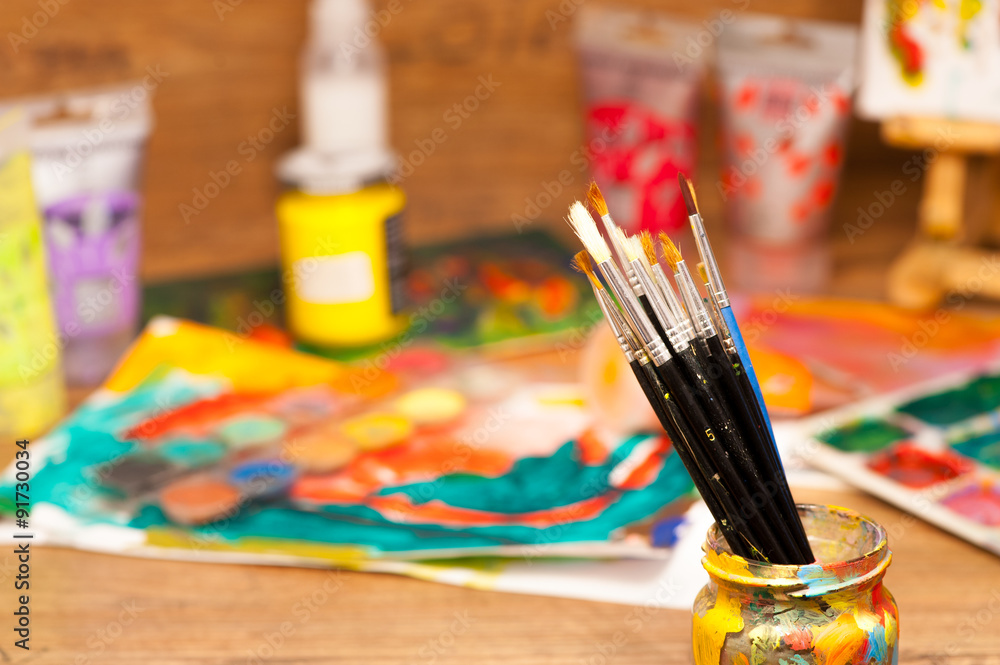 Close up pencils art supplies paints for painting and drawing Close up pencils art supplies paints for painting and drawing