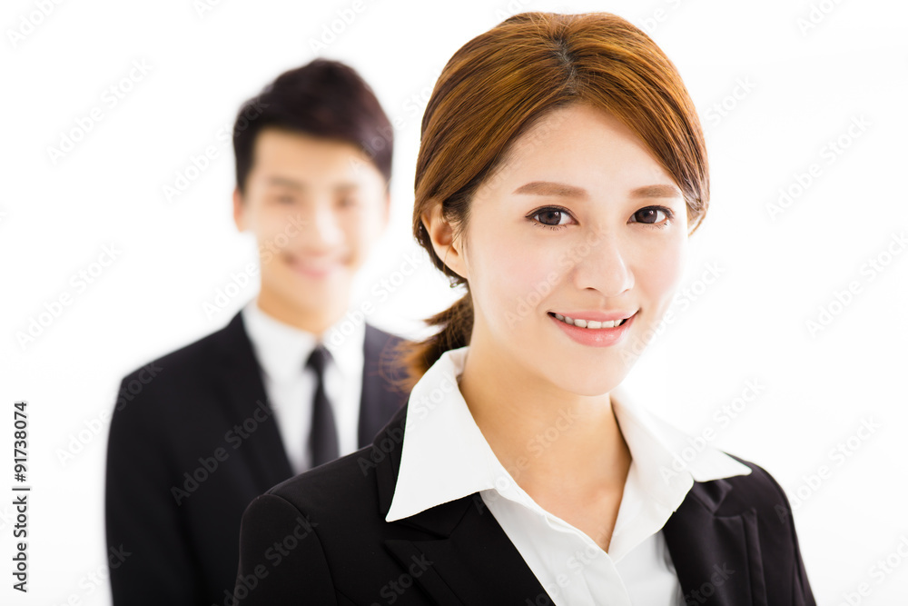 happy business man and woman standing in office happy business man and woman standing in office