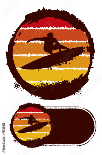 grunge summer circle with surfer jumping
