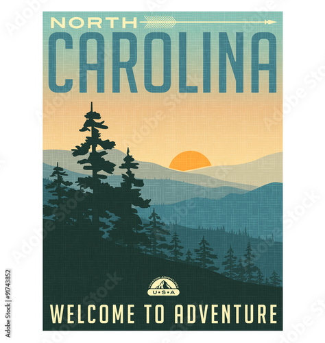 Retro style travel poster or sticker. United States, North Carolina, Great Smoky Mountains