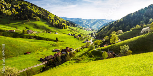 Scenic panorama view of a picturesque mountain village in Germany, Muenstertal, Black Forest. #91744815