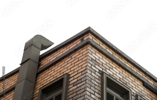 Chimney on brick building, isolated white with path