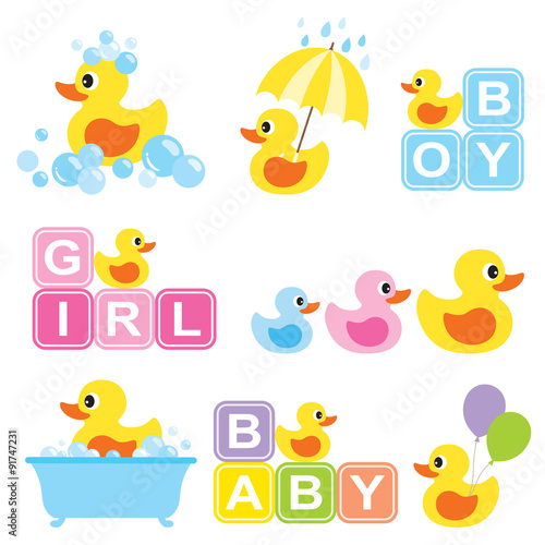 Vector illustration of yellow rubber duck for baby shower.