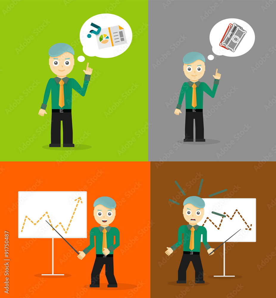 Set of cute cartoon young businessmen. Idea concept and finance Set of cute cartoon young businessmen. Idea concept and finance