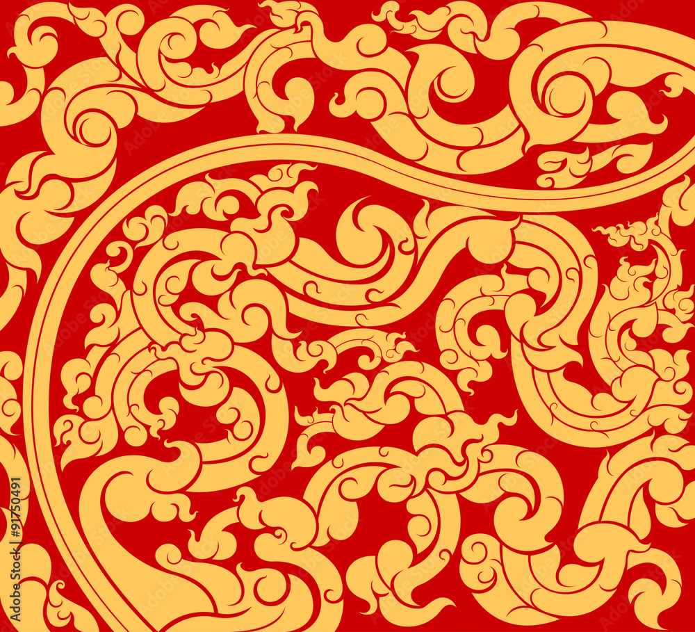 Gold art pattern floral style on a red abstract background Gold art pattern floral style on a red abstract background