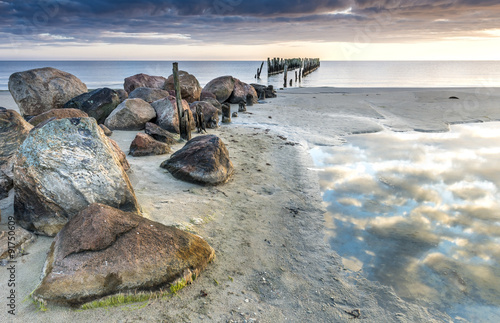 Coastal landscape with old broken pier, Baltic Sea, Europe