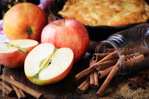 Apple pie ingredients - fresh apples, cinnamon sticks and sugar - on dark rustic wooden background photo