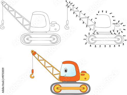Cartoon construction crane. Vector illustration. Coloring and do