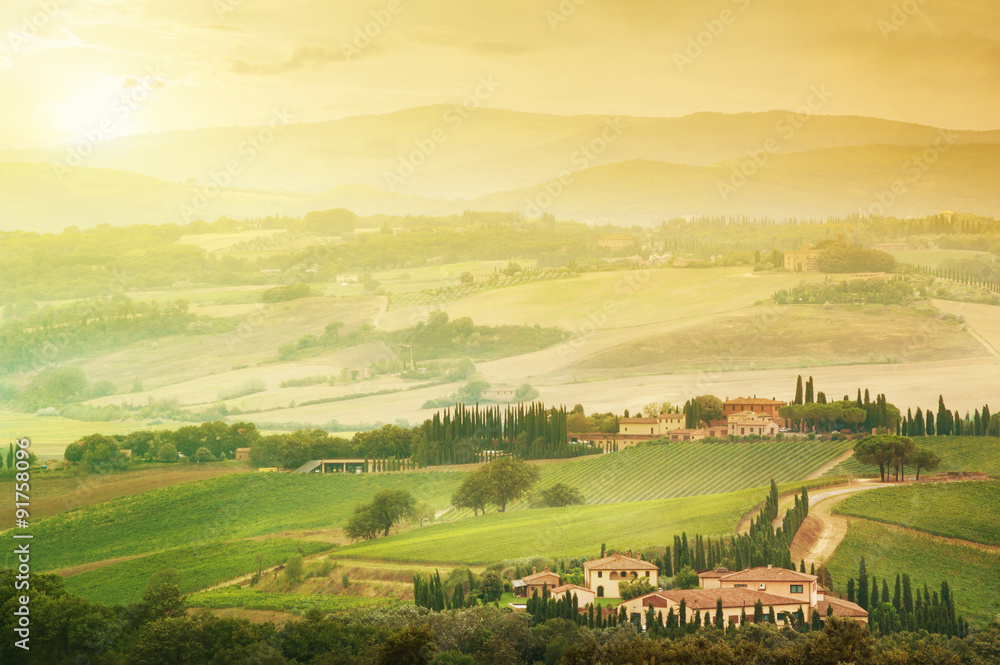 Rolling hills landscape in Tuscany, Italy.