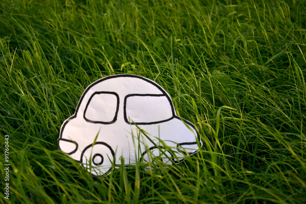 Obraz premium Coloring book car in a green grass