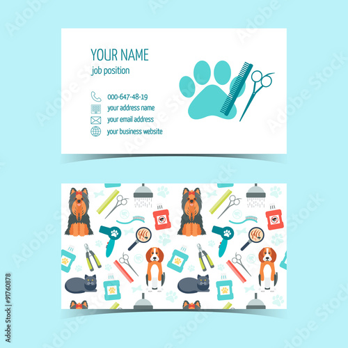 Set of business cards for animal grooming. Promotional products. Flat design. Vector
