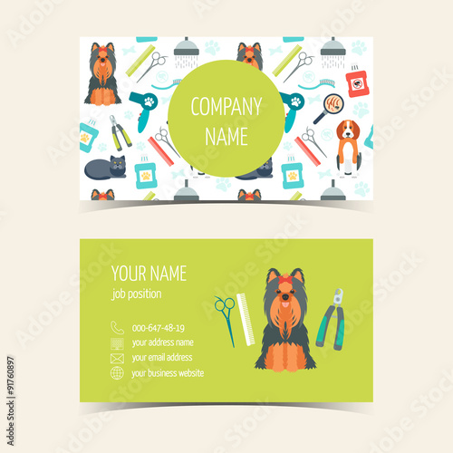 Business cards for animal grooming. Promotional products. Flat design. Vector