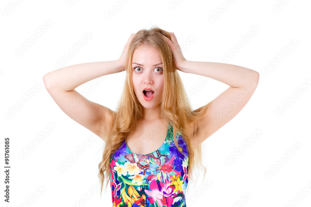 Young cute girl teenager surprised with hands on her head isolated on white background, human emotion, facial expression Young cute girl teenager surprised with hands on her head isolated on white background, human emotion, facial expression